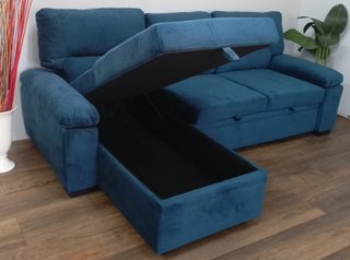 Sofá Cama ·Emma ·Azul, Chaiselong, Arcón. ¡Oferta!