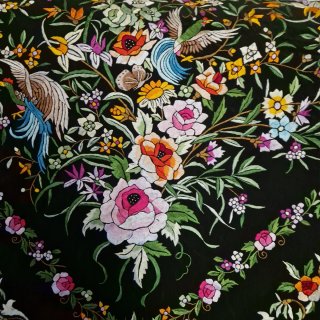 Mantón Manila Seda Negro Bordado Flores Pájaros