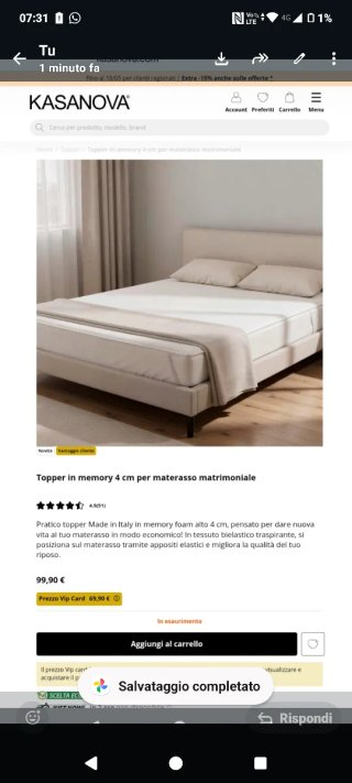 Kasanova Topper Memory 4 cm Nuovo