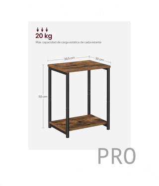 Tavolo Ausiliare, Comodino, Tavolo Ausiliare con Scaffale di Archiviazione, Struttura in Acciaio, per Soggiorno, Camera da Letto, Industriale, marrone rustico e Nero LET271B01