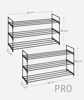 Zapatero SONGMICS a 3 livelli, set da 2, scaffale per scarpe in metallo, per 12-15 paia di scarpe, scaffale impilabile, per corridoio, soggiorno, camera da letto, 30 x 92 x 54 cm, nero LSA06BK