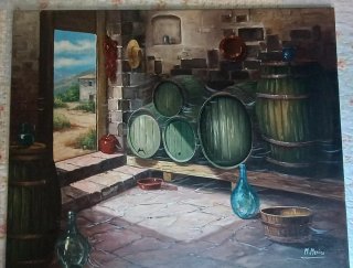 Cuadro Bodega con Barricas y Paisaje