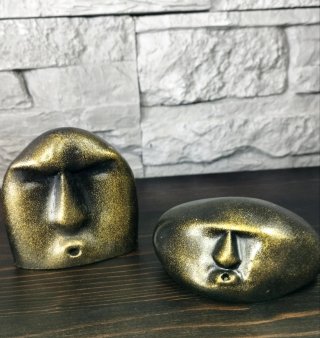 Coppia Statue Sasso Viso Stilizzato Design Casa
