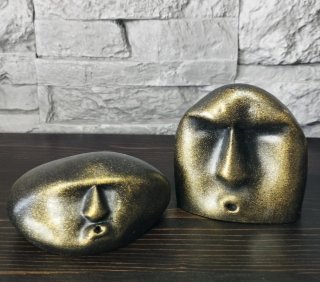 Coppia Statue Sasso Viso Stilizzato Design Casa