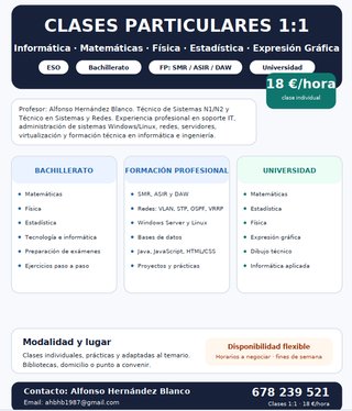 Clases Particulares  1 : 1  . 18 E /hora