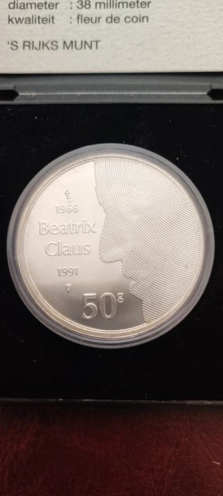 Moneda 50 Gulden Plata 1991 Beatrix Claus