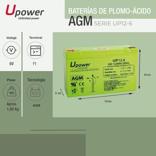 Batería U-Power AGM 6V 12Ah Sellada Recargable