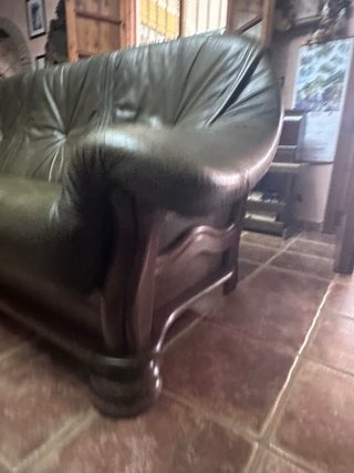 Sofá de piel verde y madera