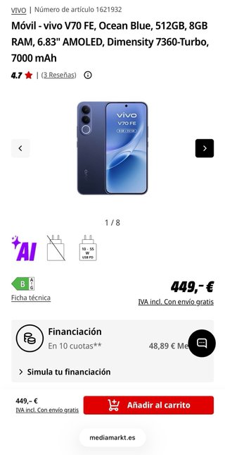 Vivo V70 FE Blue 512GB 8GB Nuovo