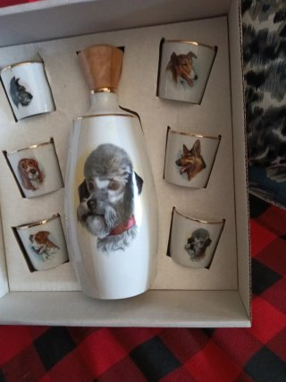 Botella y 6 Vasos Porcelana Vintage Perros