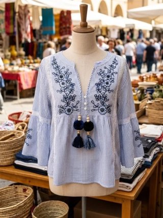 Maglietta a righe blu e bianche con ricami
