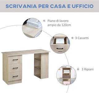Escritorio Porta PC Con 3 Cajones Y 3 Estantes, Escritorio Para Habitación Y Oficina En Madera 120X49X72Cm