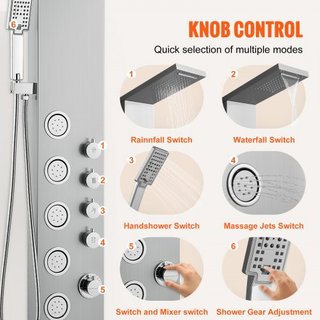 Sistema di Pannello Doccia, Torre Doccia 4 Modalità, Pioggia, Cascata, 5 Getti Massaggio Completo e Testa Doccia 3 Configurazioni con Tubo 59", Set Doccia Monta...