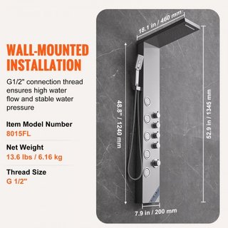 Sistema di Pannello Doccia, Torre Doccia 4 Modalità, Pioggia, Cascata, 5 Getti Massaggio Completo e Testa Doccia 3 Configurazioni con Tubo 59", Set Doccia Monta...