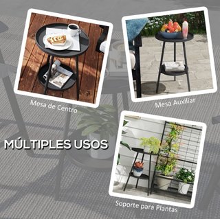 Tavolo Rotondo da Giardino 2 Livelli in Metallo Nero