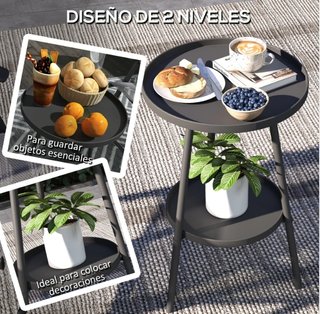 Tavolo Rotondo da Giardino 2 Livelli in Metallo Nero