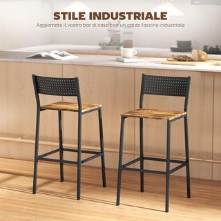 Set di 2 Sgabelli da Bar in Stile Industriale con Schienale, Sgabelli Alti per Cucina e Bar con Poggiapiedi Integrato e Schienale, per Soggiorno e Salone, Marrone Rustico