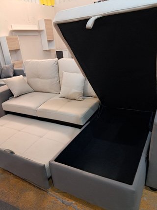 Sofá Cama Chaise Longue con Arcón Beige/Gris