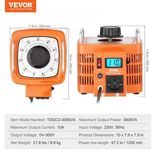 Transformador de Voltaje Variable Automático de 3000VA, 10 Amperios, Entrada de 230V Salida de 0-300V Regulador de Voltaje AC, con Pantalla LCD 4 Fusibles Extra Interruptor de Control Térmico para...