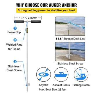 Ancla de Arena, Auger de 36" de Longitud para la Playa y el Banco de Arena, Ancla de Tornillo de Acero Inoxidable 316 con Mango Removible, Línea de Bungee y Bolsa de Transporte, para Jet Ski PWC P...