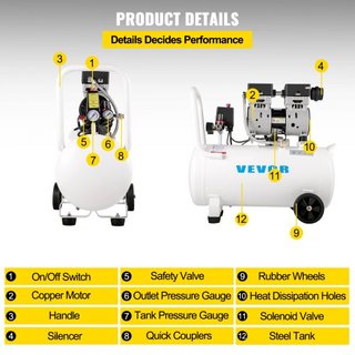 Compresor de Aire 41.6 L, Compresor de Aire Ultra Silencioso 1 HP, Compresor de Aire Sin Aceite Tanque de Acero 750W, Compresor de Aire Portátil 8 bar, Compresor Ultra Silencioso para Reparaciones...