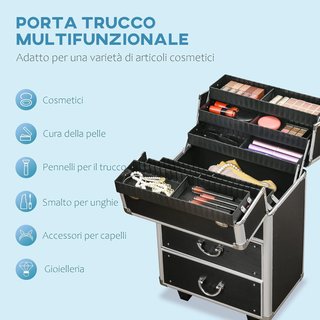 Maleta de Maquillaje Profesional, Trolley de Maquillaje Reforzado en MDF, Aluminio y Acero, Cierre con 2 Llaves y Ruedas, 36X23X58 Cm, Negro
