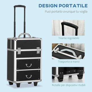 Maleta de Maquillaje Profesional, Trolley de Maquillaje Reforzado en MDF, Aluminio y Acero, Cierre con 2 Llaves y Ruedas, 36X23X58 Cm, Negro