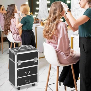 Maleta de Maquillaje Profesional, Trolley de Maquillaje Reforzado en MDF, Aluminio y Acero, Cierre con 2 Llaves y Ruedas, 36X23X58 Cm, Negro