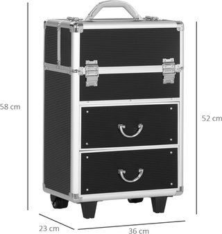 Maleta de Maquillaje Profesional, Trolley de Maquillaje Reforzado en MDF, Aluminio y Acero, Cierre con 2 Llaves y Ruedas, 36X23X58 Cm, Negro