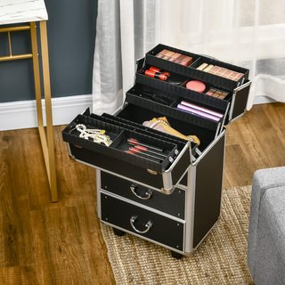 Maleta de Maquillaje Profesional, Trolley de Maquillaje Reforzado en MDF, Aluminio y Acero, Cierre con 2 Llaves y Ruedas, 36X23X58 Cm, Negro