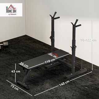 Banco de Gimnasio Plegable con Soporte para Barra Regulable en 8 Posiciones, Banco de Pesas de Acero y PU para Gimnasio en Casa, Capacidad 220 Kg, 140X73X98-122 Cm
