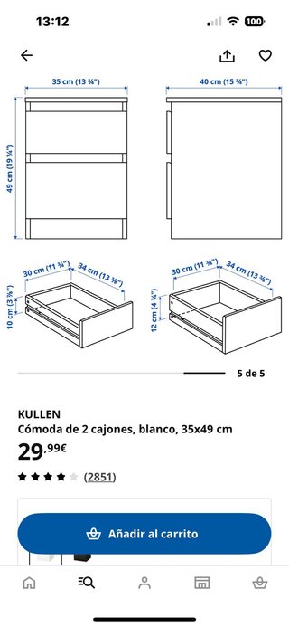 Cómoda 2 cajones IKEA KULLEN blanca
