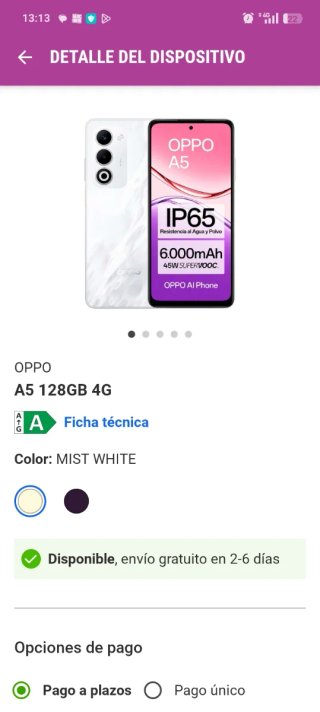 Móvil Oppo A5 128GB 4G Blanco