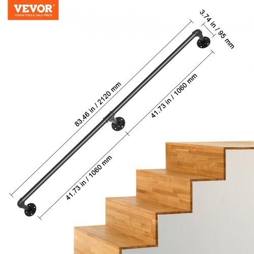 Pasamanos de Escalera de Tubo, Pasamanos de Escalera de 213.4 cm, Pasamanos de Tubo de Acero Carbono con Capacidad de Carga de 199.6 kg, Pasamanos de Tubo Industrial con Soporte de Montaje en Pare...
