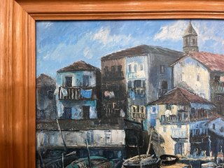 Cuadro al óleo de puerto con barcos
