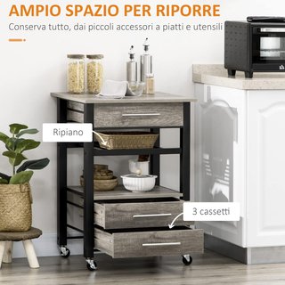 Carrito De Cocina Portacomidas Con 3 Cajones Y Estante, Mueble Multiusos De Madera De Partículas, 60X50X84.5Cm, Roble
