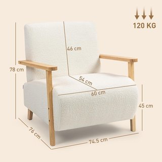 Sillón De Sala Con Tapizado En Tejido Sherpa, Silloncito De Cámara Estilo Nórdico Con Apoyabrazos Y Patas De Madera De Caucho, Con Espuma Gruesa, Crema