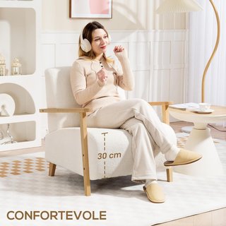 Sillón De Sala Con Tapizado En Tejido Sherpa, Silloncito De Cámara Estilo Nórdico Con Apoyabrazos Y Patas De Madera De Caucho, Con Espuma Gruesa, Crema