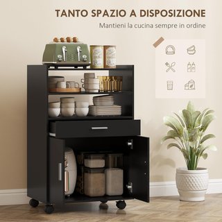 Carro Microondas Con Ruedas, Credenza de Cocina Con Cajón, Superficie para Electrodomésticos, Armario de 2 Puertas, Estante Extraíble y Estante Abierto, Carrito de Cocina para Sala de Estar, 59X40...