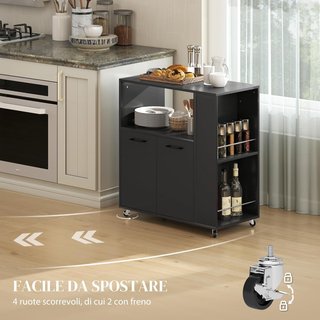 Carro de Cocina Con Estante Abierto, Armario de 2 Puertas y Estante Lateral de 2 Niveles, Carro Multiusos Con Estante Regulable en Madera, 75X40X80.5 Cm, Negro