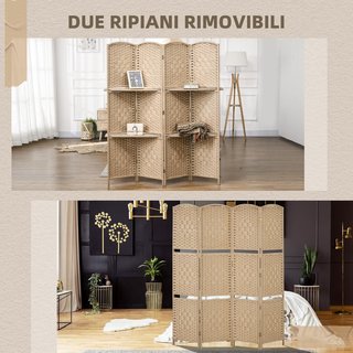 Biombo Interior de 4 Paneles Plegable, 160X170 Cm Separador de Ambientes Interior Autopropulsado con Estantes de Papel y Madera de Pino para Casa, Sala de Estar y Oficina, Color Natural