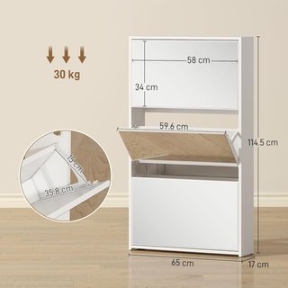 Zapatero Slim Ahorra Espacio con 3 Puertas Abatibles, Zapatero de Entrada con Superficie Superior para Objetos, Soporte para Zapatos Ahorra Espacio para 9 Pares, 65X17X114.5 Cm, Blanco