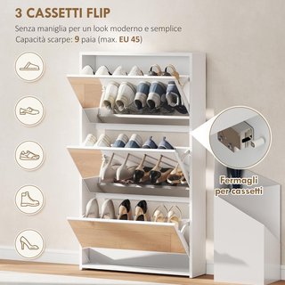 Zapatero Slim Ahorra Espacio con 3 Puertas Abatibles, Zapatero de Entrada con Superficie Superior para Objetos, Soporte para Zapatos Ahorra Espacio para 9 Pares, 65X17X114.5 Cm, Blanco