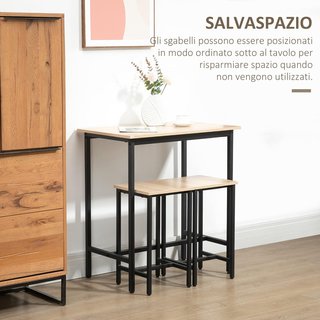 Set di 3 pezzi con tavolo e 2 sgabelli da cucina in stile industriale, mobili moderni per soggiorno e sala