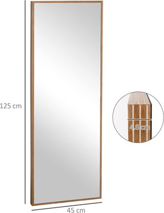 Espejo de Pared y de Apoyo de Madera de Pino con Ganchos Incluidos, 45X125Cm, Madera Natural