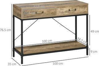 Tavolo Consolle d'Ingresso Vintage in Metallo e Legno, Tavolo da Salotto con 2 Cassetti e Ripiano, Marrone
