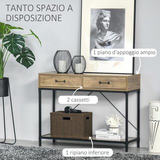 Tavolo Consolle d'Ingresso Vintage in Metallo e Legno, Tavolo da Salotto con 2 Cassetti e Ripiano, Marrone