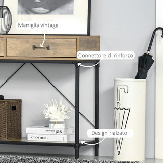 Tavolo Consolle d'Ingresso Vintage in Metallo e Legno, Tavolo da Salotto con 2 Cassetti e Ripiano, Marrone