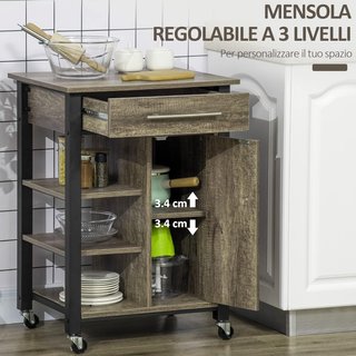 Carro De Cocina Portacomidas Con Cajón, Estantes, Armario Y 4 Ruedas, Madera De Partículas, 60X50X84.5Cm, Roble