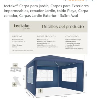 Carpa Tectake Azul 3x3m Exterior Jardín